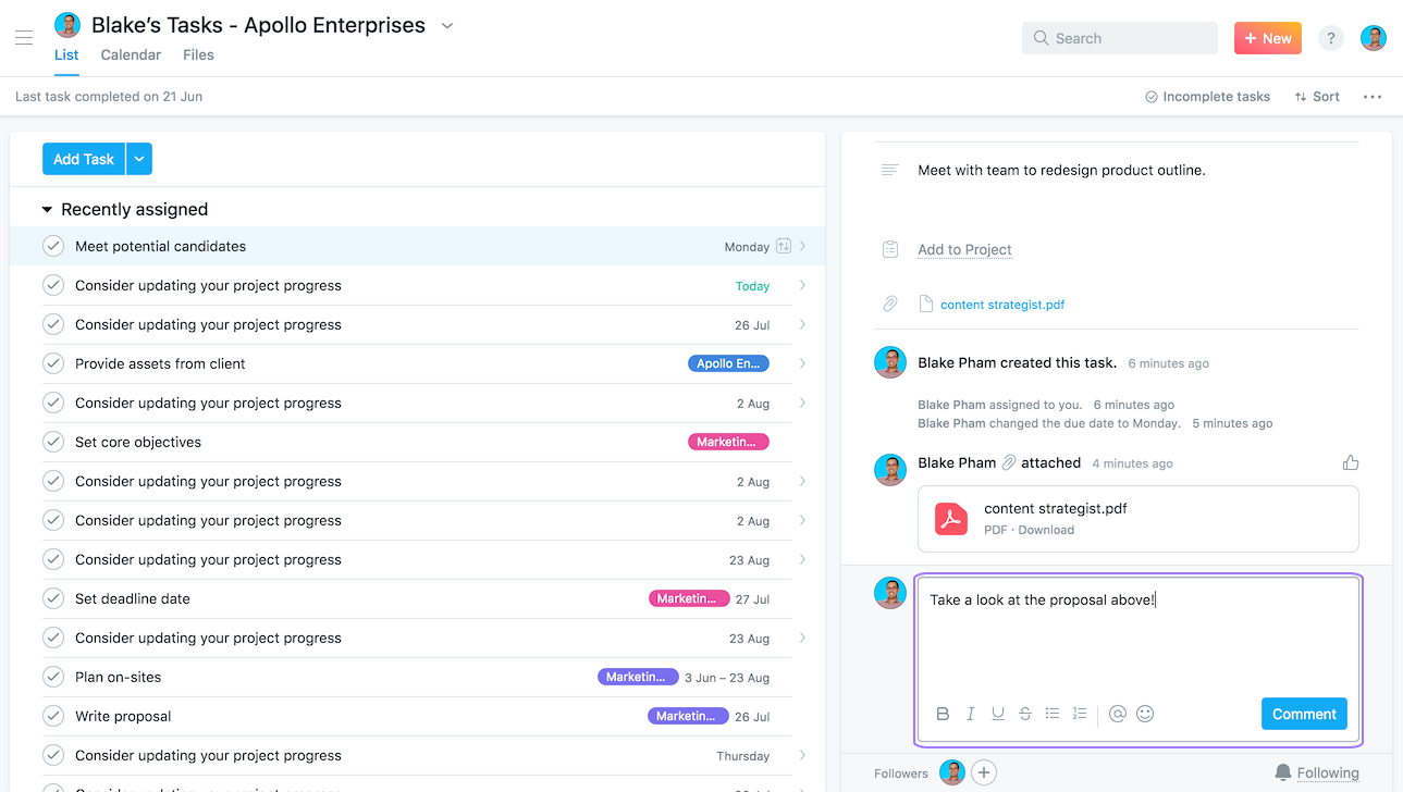 Task description and attachments in Asana