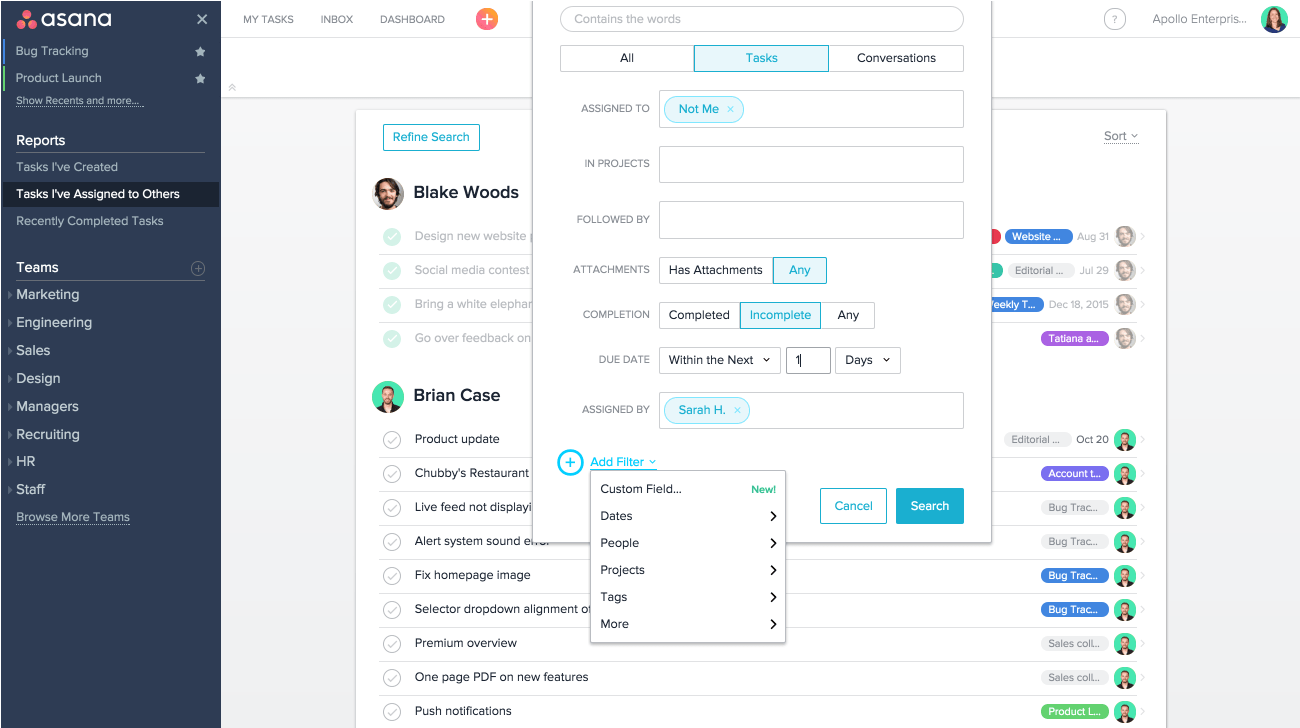 Use Advanced Search in Asana to generate reports