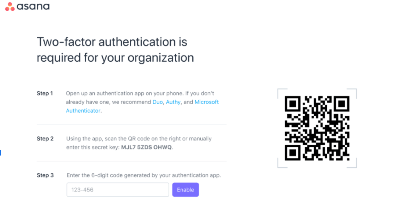 Обязательная двухфакторная аутентификация (2FA) • Руководство по продукту  Asana