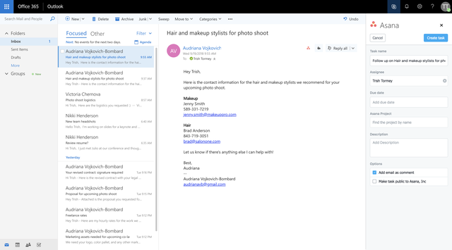 Используйте приложение Asana для Outlook, доступное в нашем каталоге приложений, чтобы превращать сообщения электронной почты в задачи