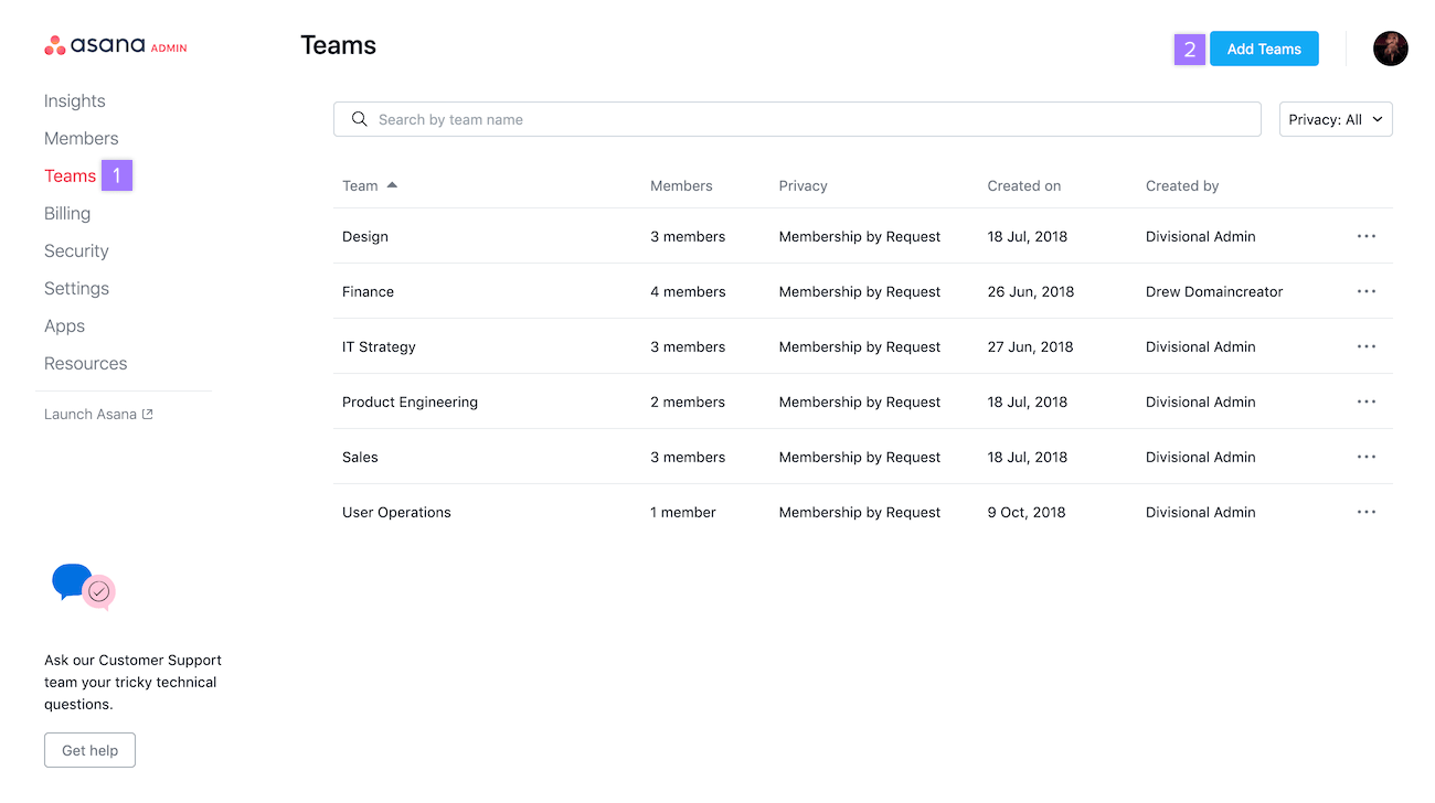 Подразделения • Руководство по продукту Asana