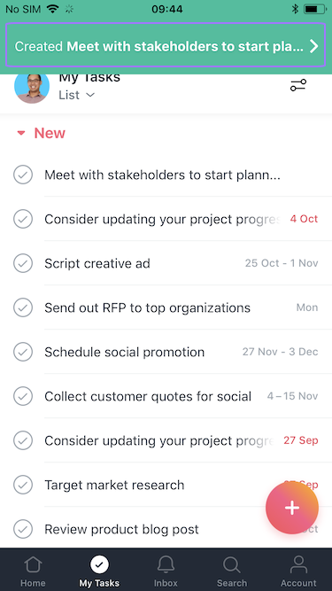 Screenshot of confirmation of task created