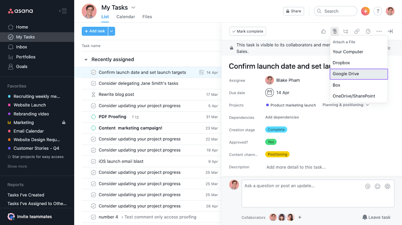 Нажмите значок в виде скрепки в Asana, чтобы прикрепить файлы с Google Диска