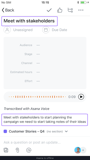 Screenshot with focus on options available before creating the tasks via voice recognition