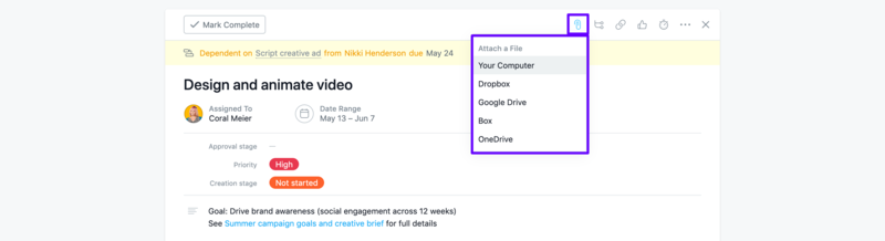 СНИМОК ЭКРАНА с прикреплением файла к задаче Asana с помощью интеграции для обмена файлами