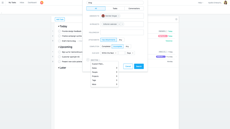 advanced search to find report on work product guide asana