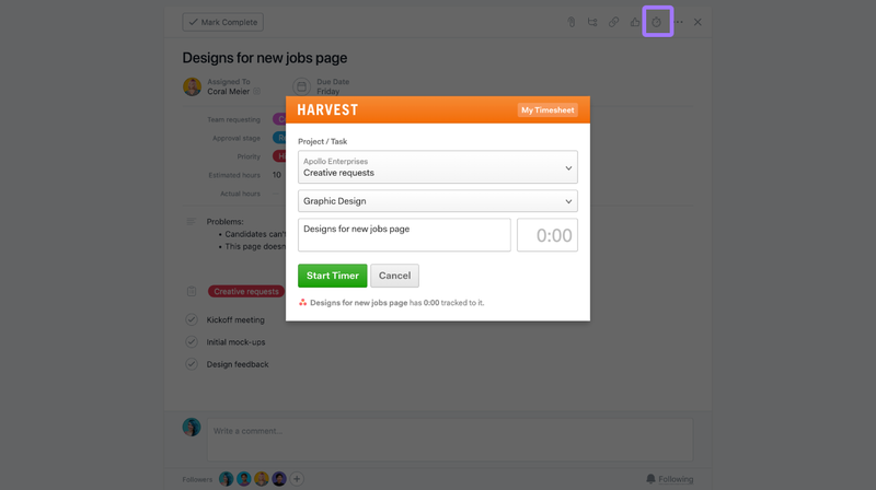 СНИМОК ЭКРАНА интеграции с Harvest для учёта времени в Asana