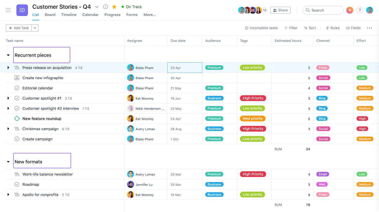 how to toggle between list and board view in asana