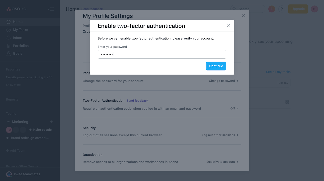 Two-factor authentication – Asana Help Center