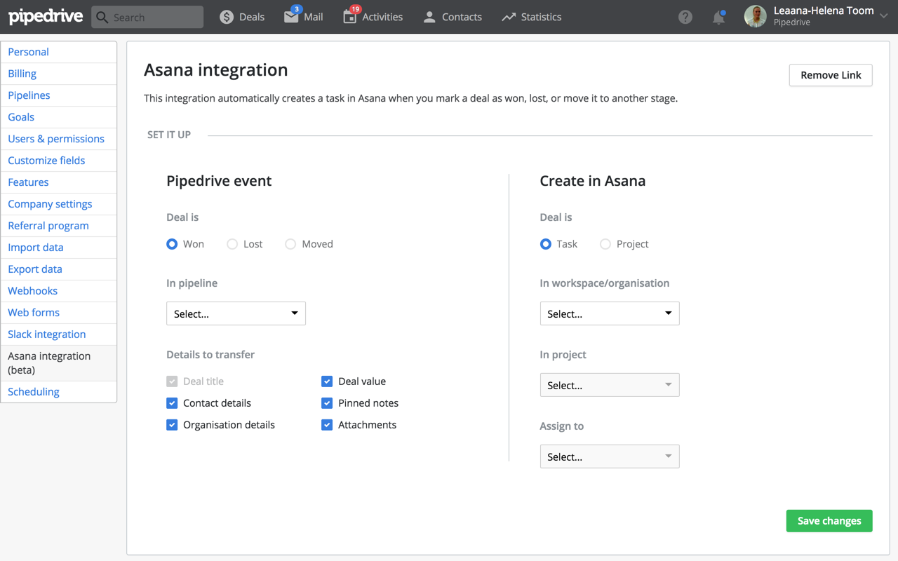 Pipedrive + Asana app integration sales management • Asana