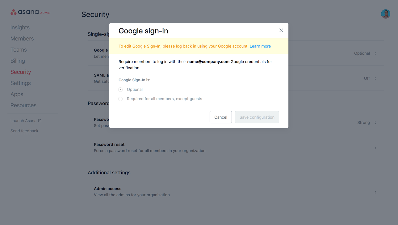 Global authentication settings Asana Help Center