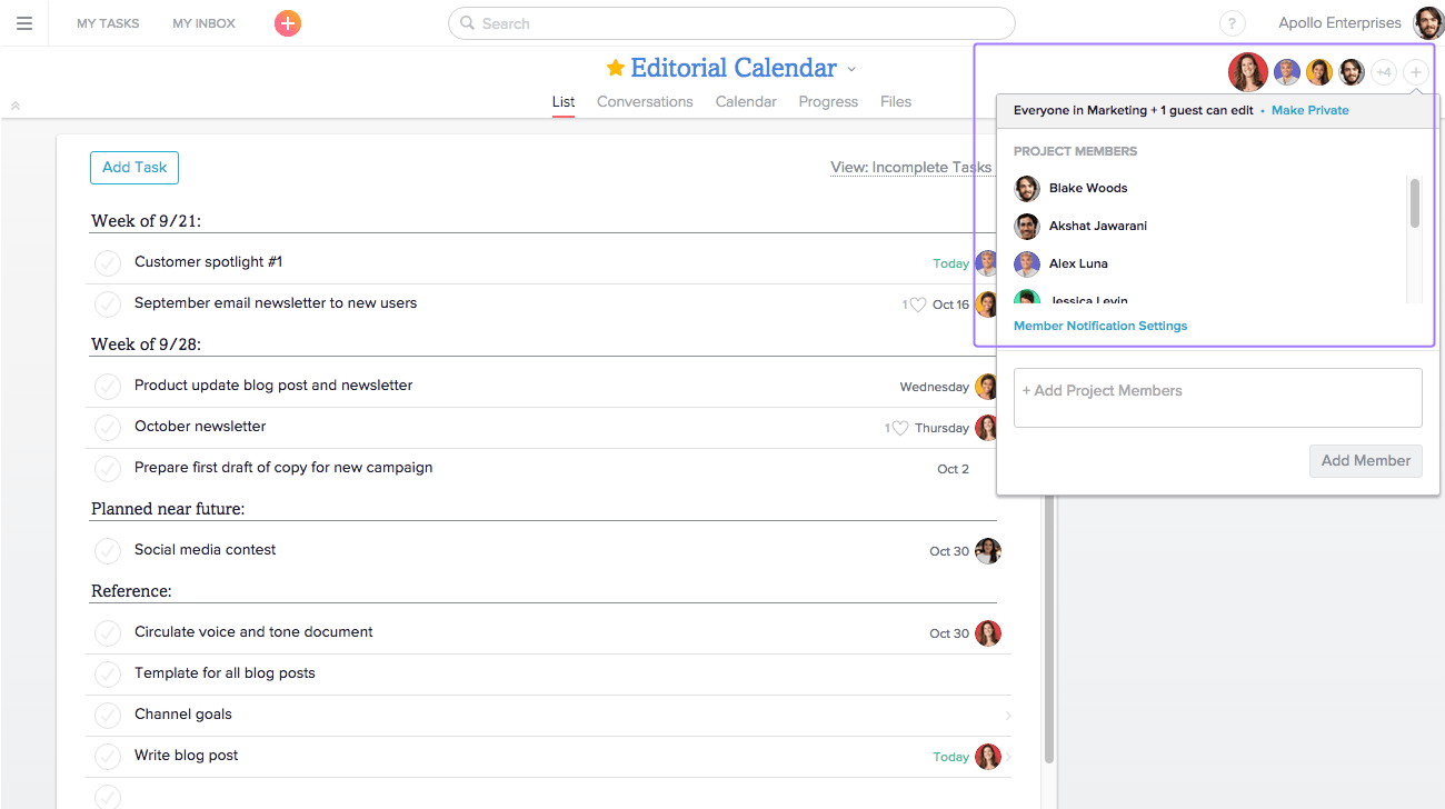 Make projects private in Asana