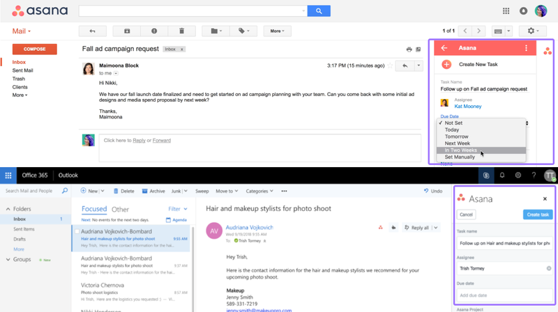 СНИМОК ЭКРАНА интеграций Asana с Outlook и Gmail для работы с электронной почтой