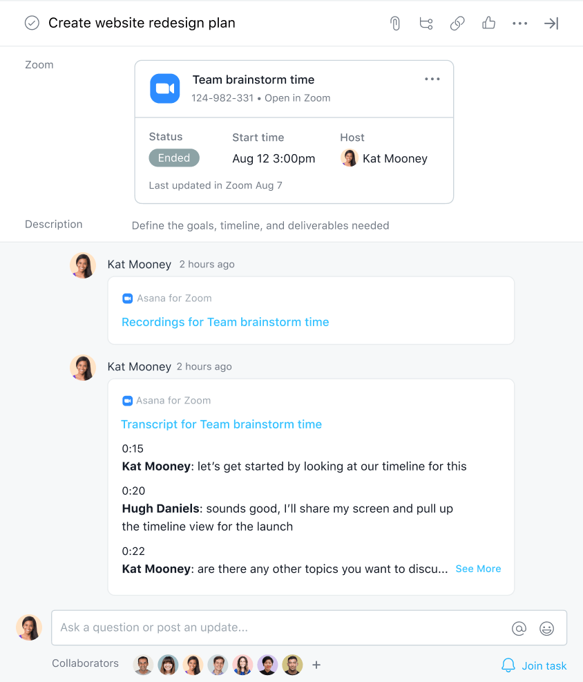 СНИМОК ЭКРАНА задачи Asana с прикреплённой записью и расшифровкой протокола конференции в Zoom