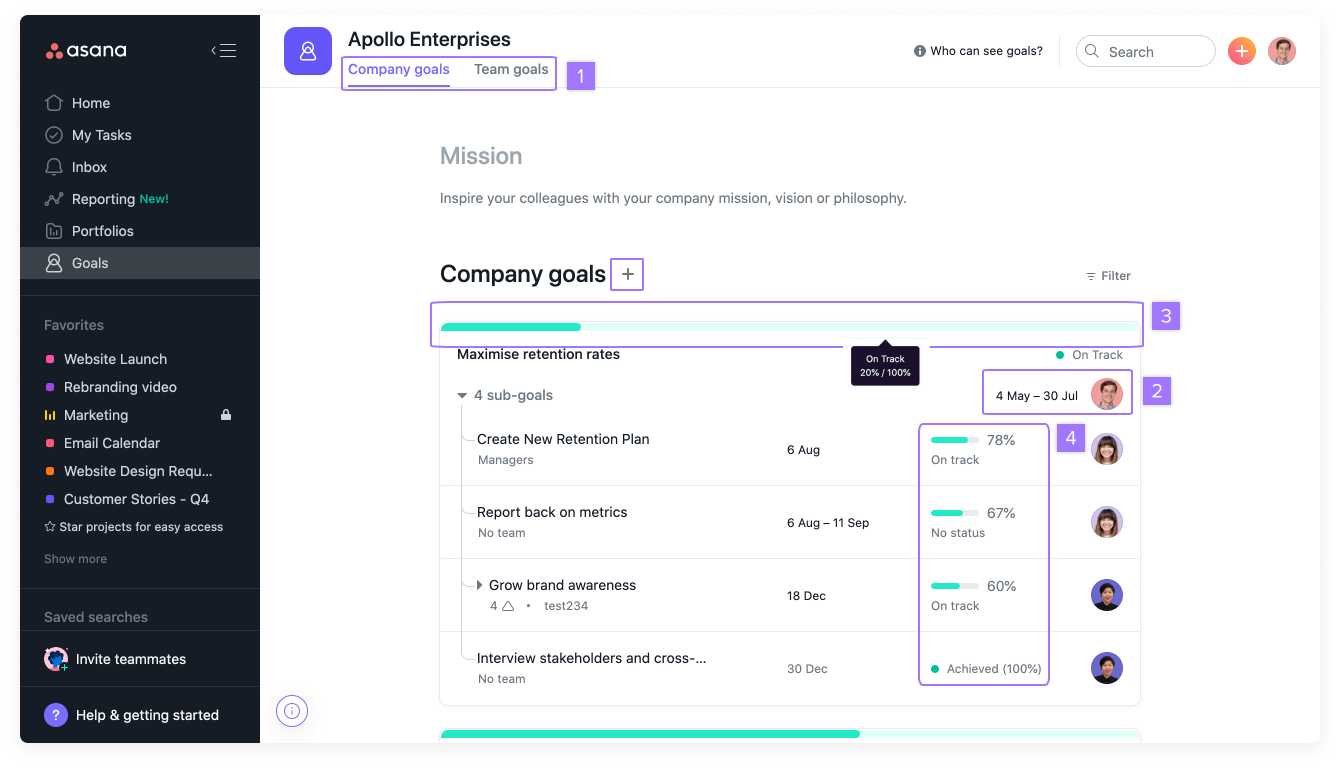 СНИМОК ЭКРАНА компонента «Цели» в Asana, показывающий общие цели компании и выделенную кнопку, с помощью которой можно создавать цели