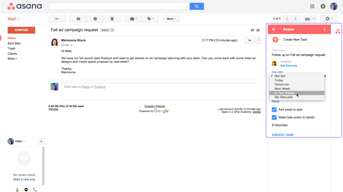 Используйте расширение Asana для Gmail, доступное в магазине GSuite, чтобы превращать сообщения почты в задачи