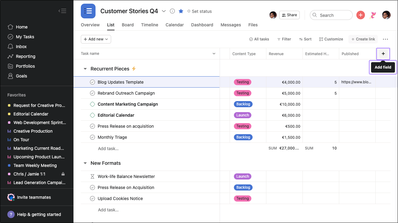 Asana custom fields