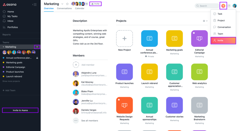 Есть несколько способов пригласить коллег в Asana