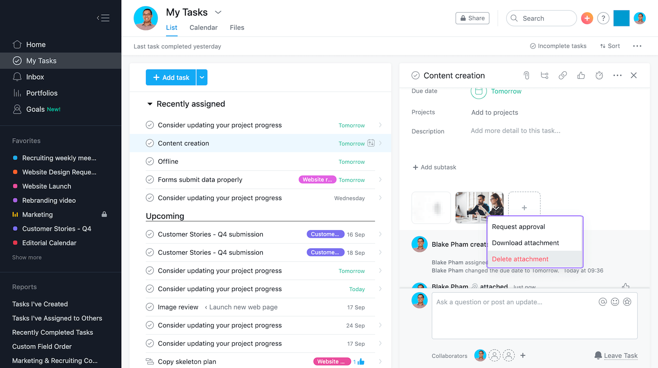 Asana task commenting page