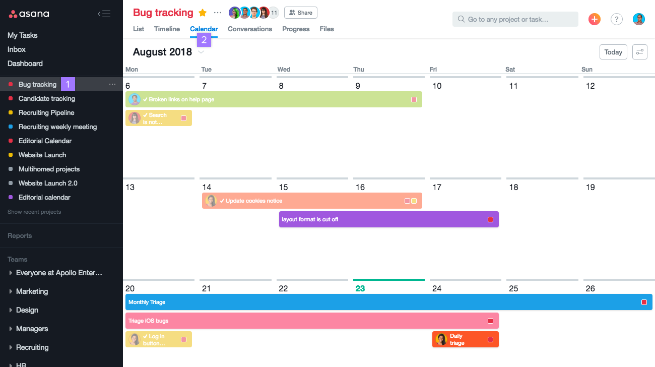 Options de la vue Calendrier d’Asana Guide produit • Asana